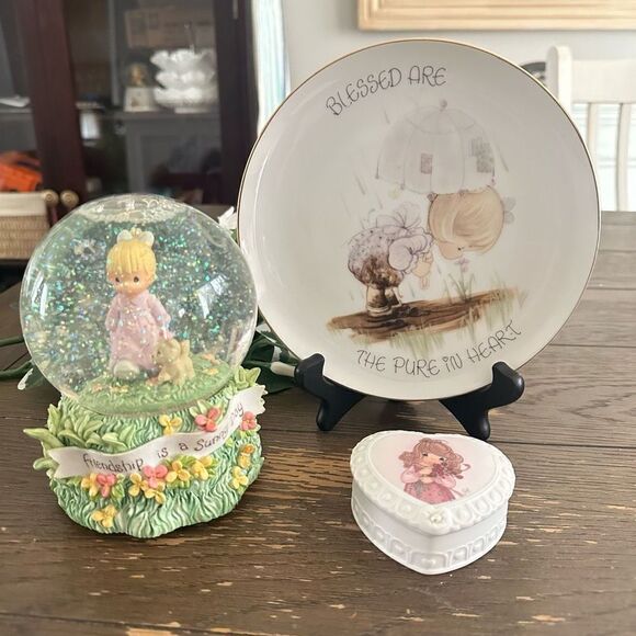 Precious Moments Enesco‎ 3-Piece Vintage Decorative Plate Snow Globe Trinket Box - Picture 1 of 7